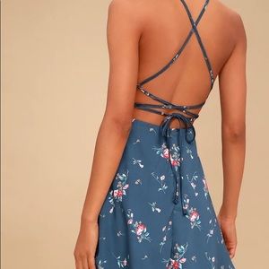Sweet Forever Blue Floral Print Lace-Up Lulu’s Dress